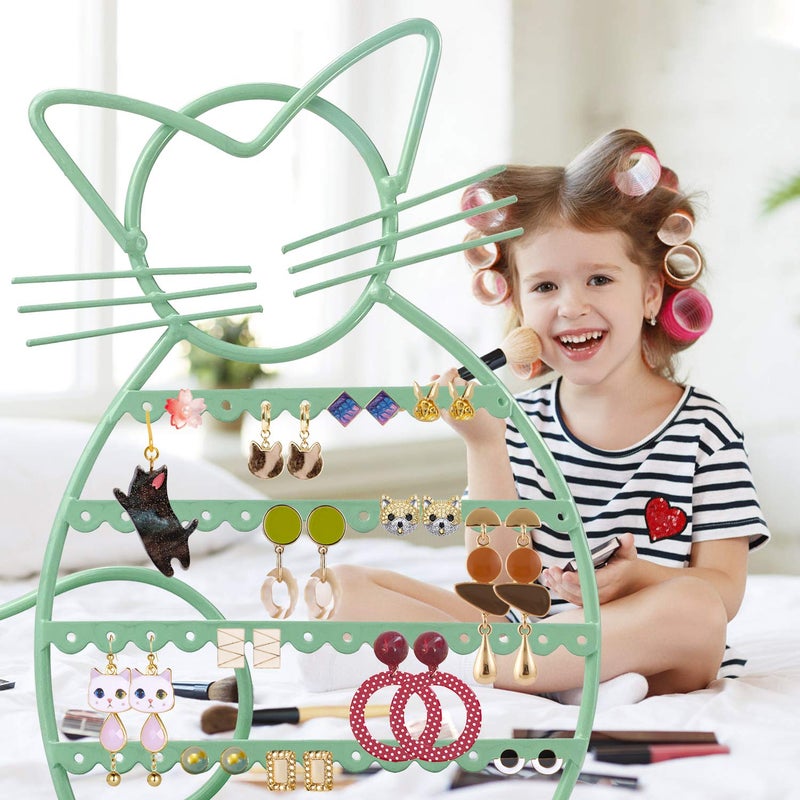 ERYTLLY Earring Holder Organizer, Cat Shaped Earring Organizer Stand With Wood Base Necklace Organizer-47 Stud Earrings Holes Bracelet Holder (Mint Green) - Image 3